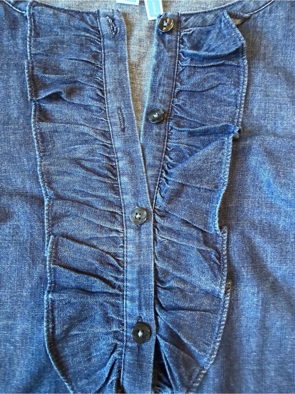 Draper James-Chambray Preppy Denim Ruffle Front Bell Sleeve Dress-Tailgate Ready - Picture 5 of 10